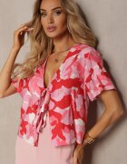 retro & icone Bluză Viscoză Roșu-Roz cu Mânecă Scurtă și Legături Decorative Relora