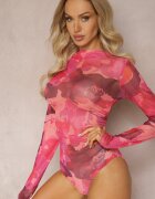 retro & icone Body Roșu din Plasă cu Mâneci Lungi și Imprimeu Abstract Ularalima