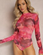 retro & icone Body Roșu din Plasă cu Mâneci Lungi și Imprimeu Abstract Ularalima