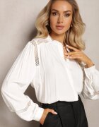 retro & icone Cămașă Albă din Viscoză cu Guler ridicat și Inserții din Dantelă la Umeri Meami