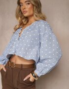 retro & icone Cămașă Albastră cu Mâneci Bufante Ușoare și Broderii cu Adaos de Bumbac în Carouri Alitea