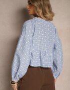retro & icone Cămașă Albastră cu Mâneci Bufante Ușoare și Broderii cu Adaos de Bumbac în Carouri Alitea