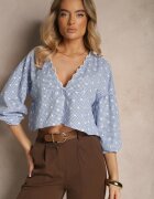 retro & icone Cămașă Albastră cu Mâneci Bufante Ușoare și Broderii cu Adaos de Bumbac în Carouri Alitea