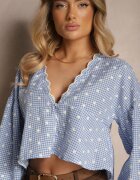 retro & icone Cămașă Albastră cu Mâneci Bufante Ușoare și Broderii cu Adaos de Bumbac în Carouri Alitea