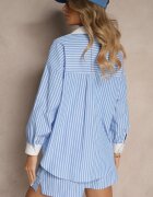retro & icone Cămașă Albastră Striată cu Croi Oversize cu Inserții Contrastante Onelira