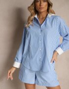 retro & icone Cămașă Albastră Striată cu Croi Oversize cu Inserții Contrastante Onelira