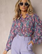 retro & icone Cămașă Albastru-Mov cu Imprimeu Floral din Țesătură Transparentă Omertala