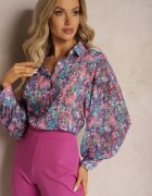 retro & icone Cămașă Albastru-Roz cu Mâneci Bufante cu Imprimeu Floral Paedria