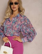 retro & icone Cămașă Albastru-Roz cu Mâneci Bufante cu Imprimeu Floral Paedria