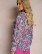 retro & icone Cămașă Albastru-Roz cu Mâneci Bufante cu Imprimeu Floral Paedria