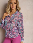 retro & icone Cămașă Albastru-Roz cu Mâneci Bufante cu Imprimeu Floral Paedria
