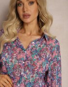 retro & icone Cămașă Albastru-Roz cu Mâneci Bufante cu Imprimeu Floral Paedria