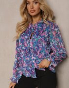retro & icone Cămașă albastru-violet de plasă cu model floral cu legătură la decolteu Ilerena