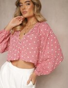 retro & icone Cămașă Roșie cu Bufuri Ușoare și Broderii cu Adaos de Bumbac în Carouri Alitea
