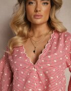 retro & icone Cămașă Roșie cu Bufuri Ușoare și Broderii cu Adaos de Bumbac în Carouri Alitea