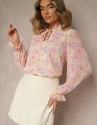 retro & icone Cămașă Roz cu guler tunica cu volane și cu șnur la decolteu cu flori Voralla