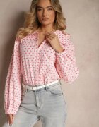 retro & icone Cămașă Roz Retro din Bumbac și Viscoză Decorată cu Model Inimi Tilzema
