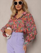 retro & icone Cămașă Roz-Verde cu Mâneci Bufante cu Imprimeu Floral Paedria