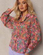 retro & icone Cămașă Roz-Verde cu Mâneci Bufante cu Imprimeu Floral Paedria
