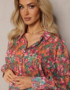 retro & icone Cămașă Roz-Verde cu Mâneci Bufante cu Imprimeu Floral Paedria