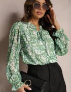 retro & icone Cămașă Verde cu flori cu volan la decolteu și mâneci bleumarin