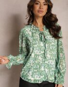 retro & icone Cămașă Verde cu flori cu volan la decolteu și mâneci bleumarin