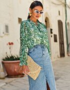 retro & icone Cămașă Verde cu flori cu volan la decolteu și mâneci bleumarin