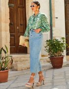 retro & icone Cămașă Verde cu flori cu volan la decolteu și mâneci bleumarin