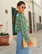 retro & icone Cămașă Verde cu flori cu volan la decolteu și mâneci bleumarin