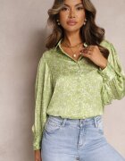 retro & icone Cămașă Verde Florală cu Mâneci Bufante cu Manșetă Aris