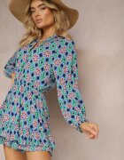 retro & icone Combină scurtă Albastru-Violet cu elastic în talie cu imprimeu mozaic din viscoză Glimmeria
