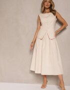 retro & icone Fustă Bej Evazată din Bumbac High Waist Katavira