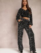 retro & icone Pantaloni Argintii Largi cu paiete din velur Naress