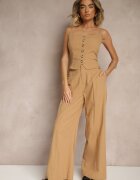 retro & icone Pantaloni Bej închis cu bumbac și viscoză cu croială largă cu imitație de buzunare Divlene