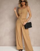 retro & icone Pantaloni Bej închis cu bumbac și viscoză cu croială largă cu imitație de buzunare Divlene