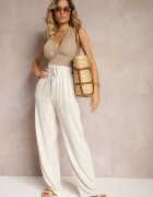 retro & icone Pantaloni Bej Largi din Viscoză cu Adaos de In Delsira