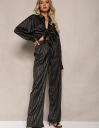retro & icone Pantaloni Larghi Negri cu Elastic în Talie și Model Lucios în Dungi Zoyama