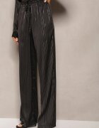 retro & icone Pantaloni Larghi Negri cu Elastic în Talie și Model Lucios în Dungi Zoyama