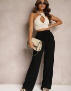 retro & icone Pantaloni largi negri din viscoză cu adaos de in Delsira