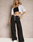 retro & icone Pantaloni Negri din material cu picioare largi High Waist cu elastic în talie Comina