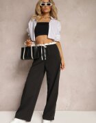 retro & icone Pantaloni Negri din material cu picioare largi High Waist cu elastic în talie Comina
