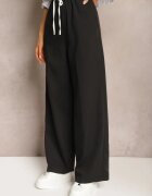 retro & icone Pantaloni Negri din material cu picioare largi High Waist cu elastic în talie Comina