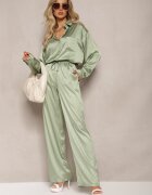 retro & icone Pantaloni Verzi Largi cu elastic în talie și model lucios în dungi Zoyama