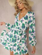 retro & icone Rochie Alb-Verde Evazată Petrecută cu Volane și Curea din Material cu Imprimeu Floral Voliesa