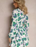 retro & icone Rochie Alb-Verde Evazată Petrecută cu Volane și Curea din Material cu Imprimeu Floral Voliesa