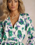 retro & icone Rochie Alb-Verde Evazată Petrecută cu Volane și Curea din Material cu Imprimeu Floral Voliesa