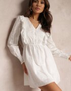 retro & icone Rochie Albă Brodată cu Elastic în Talie și Volane Caceida