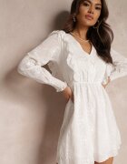 retro & icone Rochie Albă Brodată cu Elastic în Talie și Volane Caceida