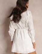 retro & icone Rochie Albă Brodată cu Elastic în Talie și Volane Caceida