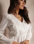 retro & icone Rochie Albă Brodată cu Elastic în Talie și Volane Caceida